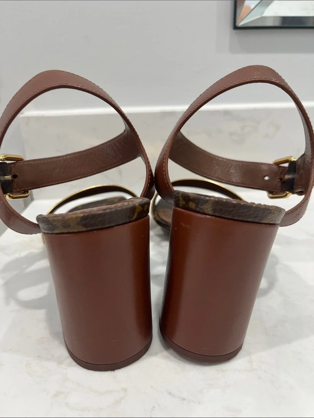 Louis Vuitton Brown & Gold Monogram Block Heel Sandals